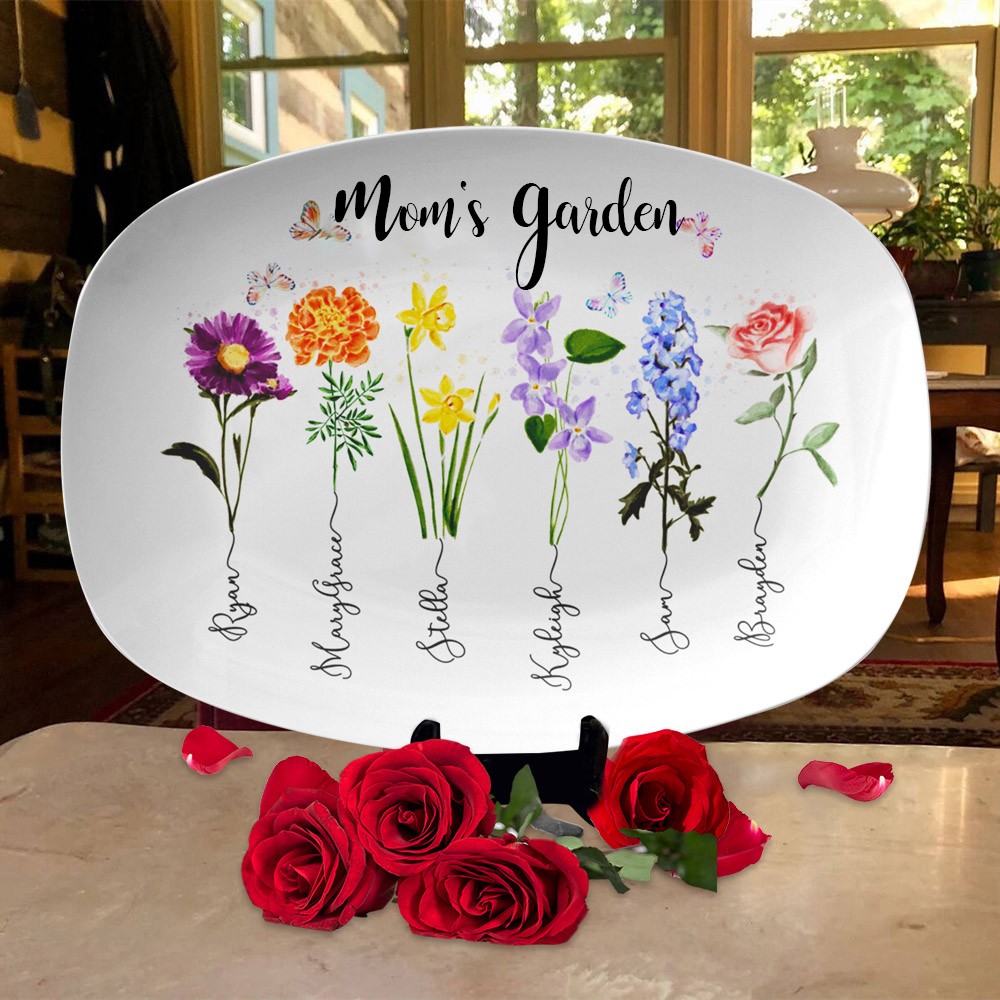 Personalized Mom's Garden Plate Birth Month Flower Platter With Children Names Mother's Day Gift