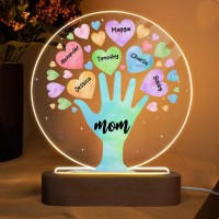 Personalized Cute Mom Tree Hand & Colorful Hearts with 1-15 Kids Names for Grandma and Mom on Mother's Day.