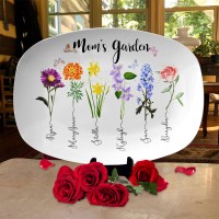 Personalized Mom's Garden Plate Birth Month Flower Platter With Children Names Mother's Day Gift