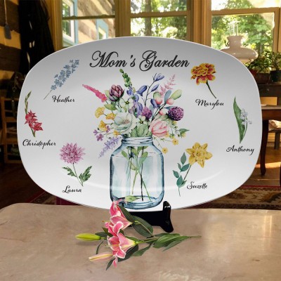 Personalized Mom's Garden Plate Birth Month Flower Platter With children Names Mother's Day Gift